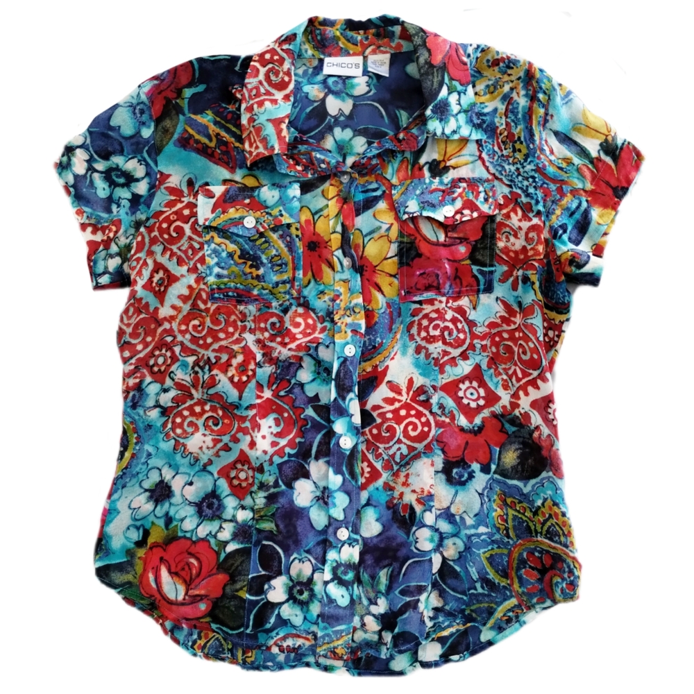 Chico’s Silk Floral Button Down Blouse S Colorful Short Sleeve Pockets - Picture 3 of 9